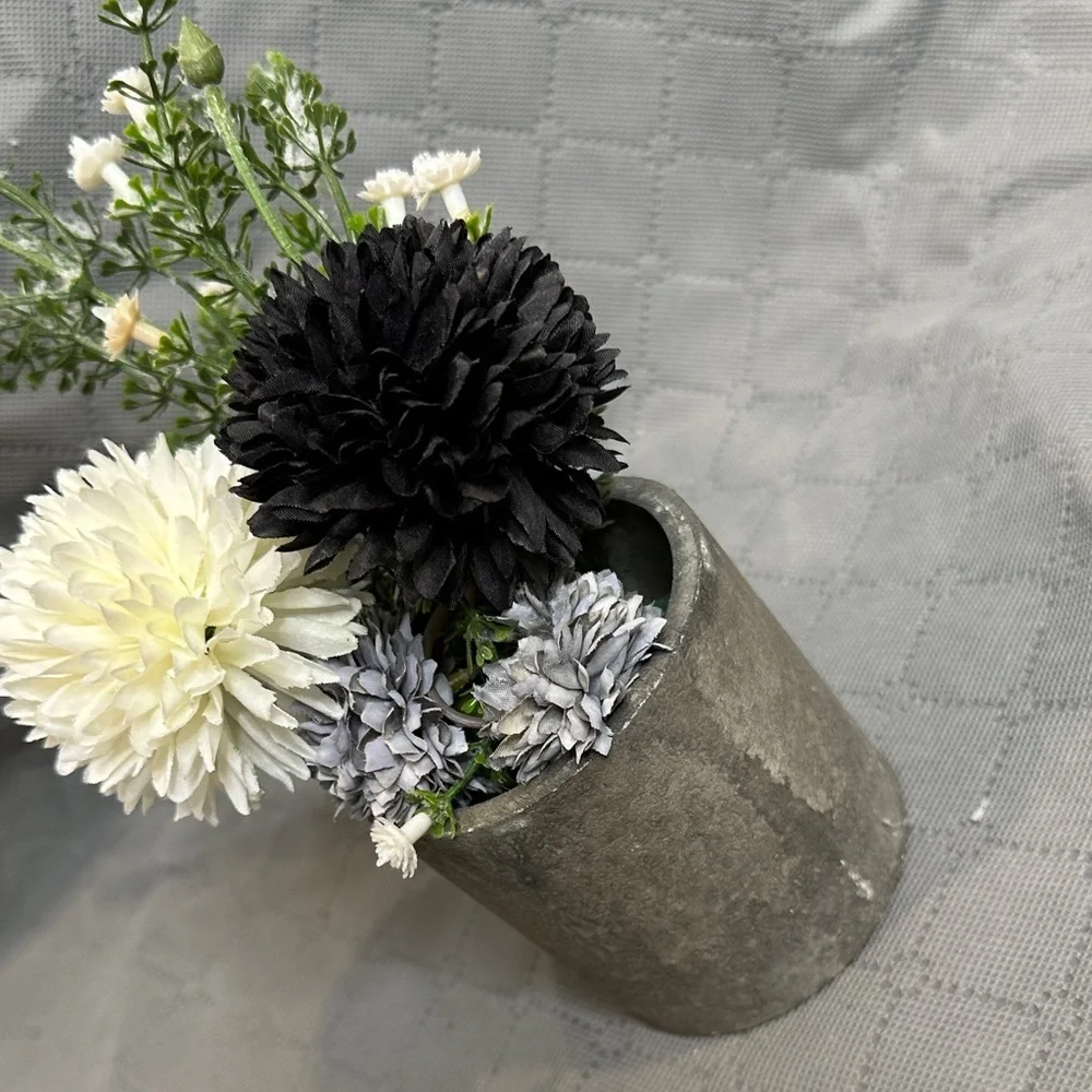 Hand Crafted Edgy Farmhouse Black and White Floral Arrangement in Concrete Decor